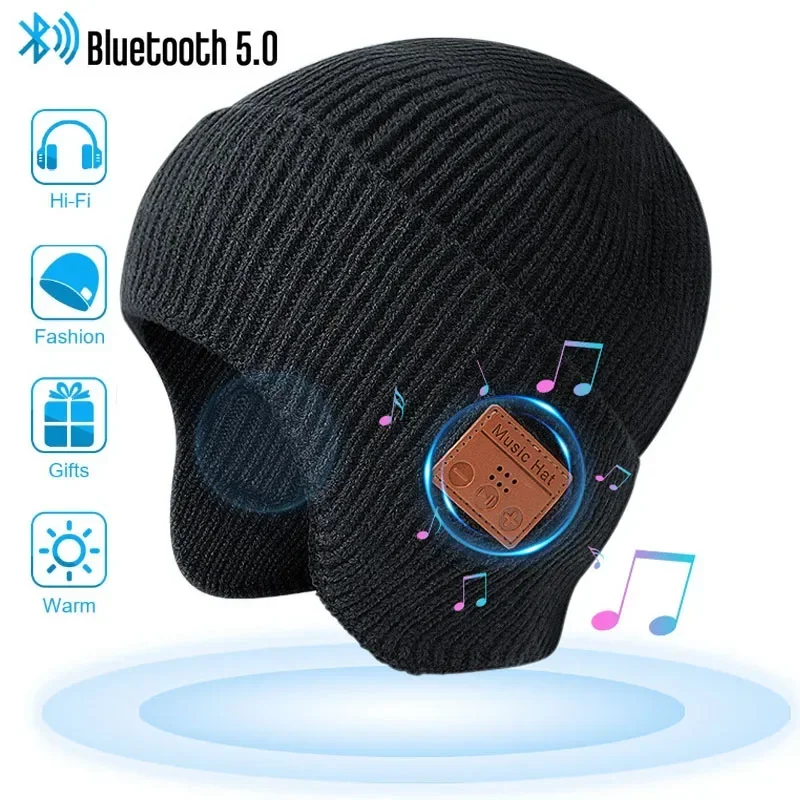 Wireless Bluetooth 5.0 Hat Outdoor Warm Music Headset with MIC for Handsfree Rechargeable Earphone Gift for Men Women Headphone