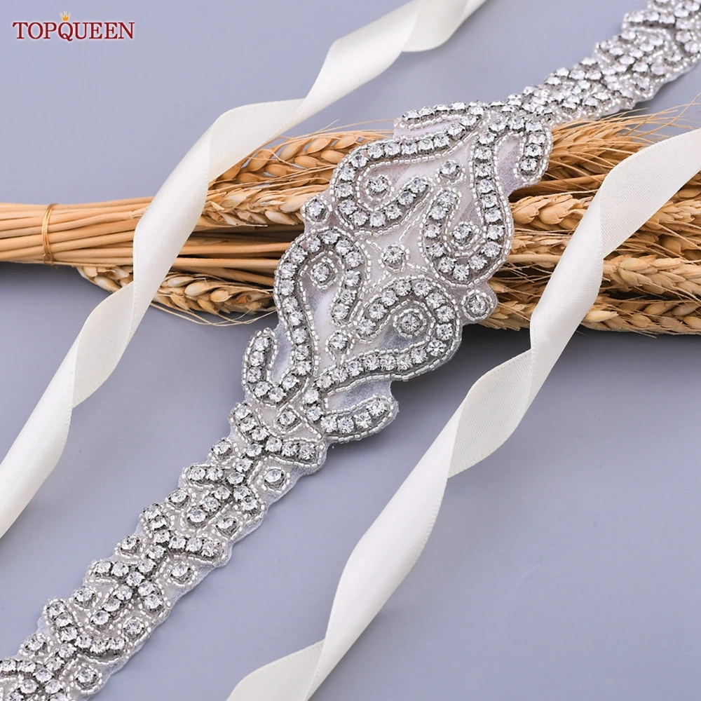 

TOPQUEEN Wedding Stone Belt Bridal Party Dresses Sash Bride Shiny with Silver Crystal Stones Luxury Ribbon Marriage League S175