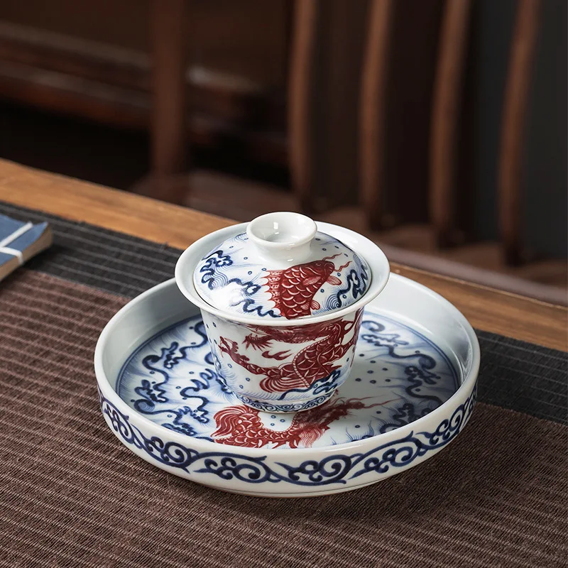 

High Quality Blue and White Porcelain Glazed Red Fish Gaiwan Tea Cup Chinese Ceramic Kung Fu Brewing Bowl Set Suit