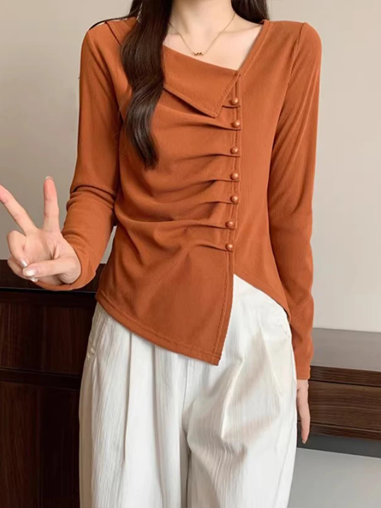 Design Sensation Oversized Pumpkin Orange Long Sleeve T-Shirt Women's Early Autumn New Style plus Size Irregular Shoulder Top
