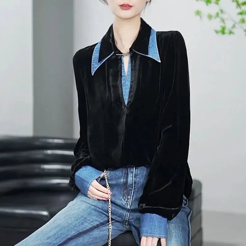 Casual Solid Color Denim Spliced Blouse Commute Turn-down Collar 2023 Spring Autumn Women\'s Clothing Long Sleeve Straight Shirt