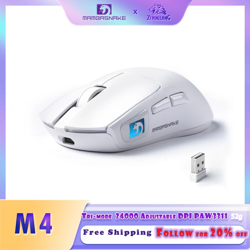 

MAMBASNAKE M4 Tri-Mode Wireless Lightweight Gaming Mouse, 2.4G/BT/USB-C Connection, Huanyu Micro-switches, PAW3311