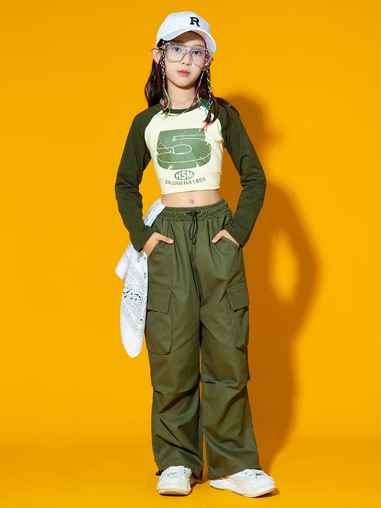 Kids Jazz Dance Costume Girls Green Tops Cargo Pants Hip Hop Performance Clothing Modern Kpop Stage Outfit Streetwear BL10117