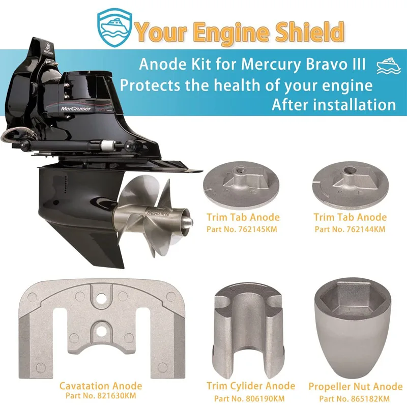 NONY Marine Accessories CMBRAVO3KITA Aluminum Anode Kit for Mercury Bravo 3 (2004 to Present) Replace Boat 888761Q02, 888761Q04