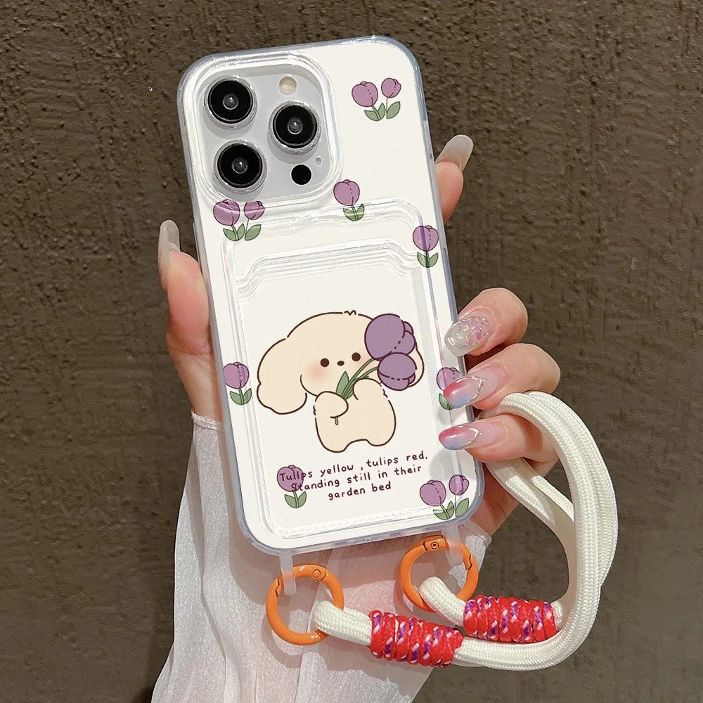 

Flower Wrist Chain Phone Case for iPhone 16 Pro Case iPhone 15 14 13 12 11 Pro Max XR X XS 7 8 Plus SE Cute Puppy Lanyard Cover