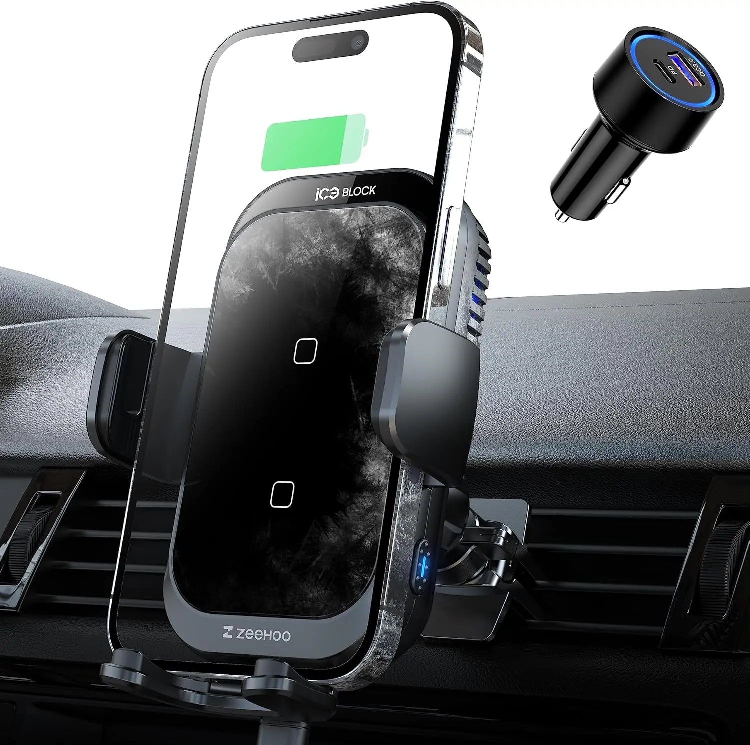 [Ice Cooling Charging] Wireless Car Charger, ZeeHoo 15W ICEBLOCK Dual Coils Fast Charging Auto Clamp Phone Mount for iPhone 16