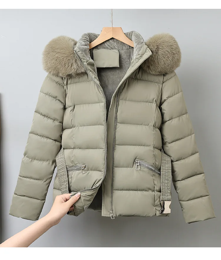 Winter Solid Color Long-sleeved Fur Collar Hooded Short Down Cotton Jacket Women's Slim Winter Thickened Versatile Warm Jacket