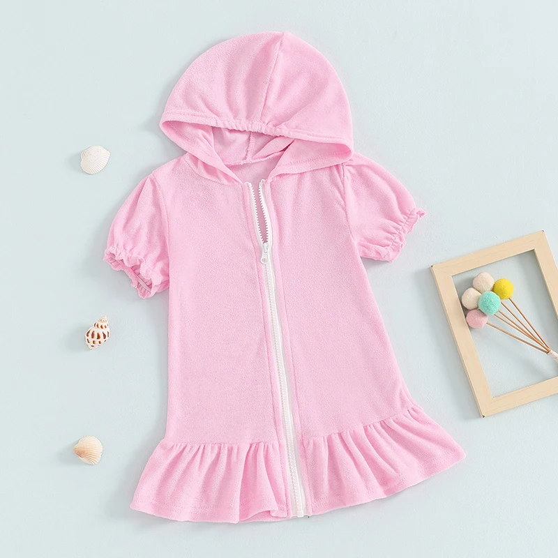 Little Girl Swim Cover Up Casual Loose Solid Color Short Sleeve Ruffled Zipper Hooded Swimsuit Toddler Bathing Suit