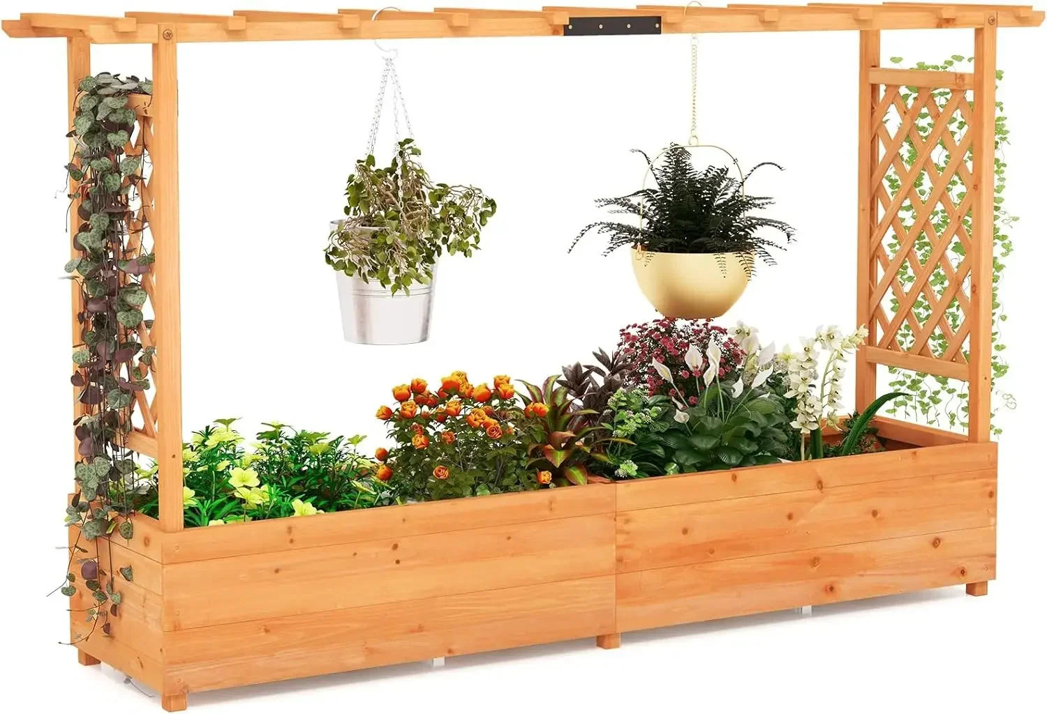 S AFSTAR 45-Inch Raised Garden Bed with Arch Trellis, Hanging Roof, Planter Box, Drainage Holes, Vertical Plant Container for Vi