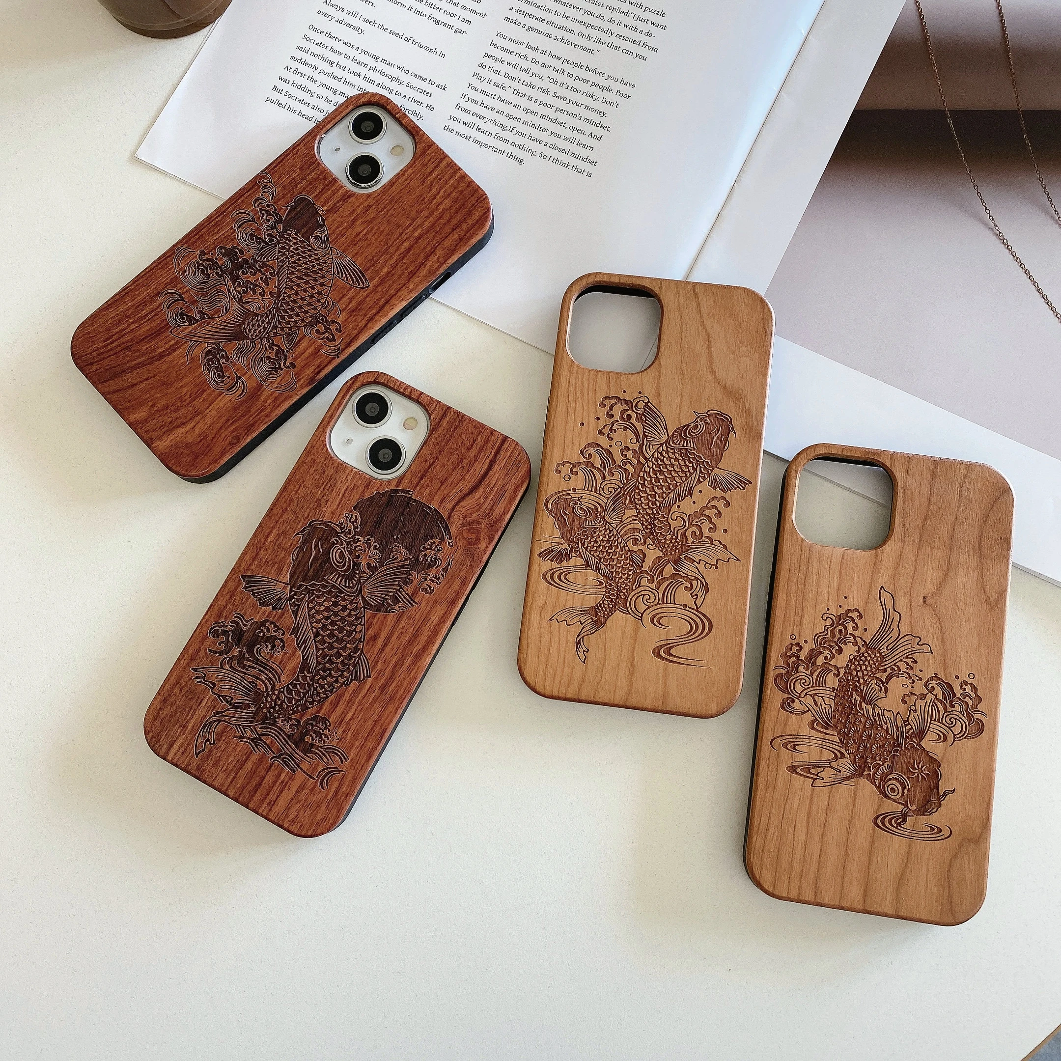 Good Luck Koi Fish Real Wood Phone Case For iPhone15 14 14ProMax 14Plus 13Promax 13 12 11 Cherry Walnut Wooden Cover