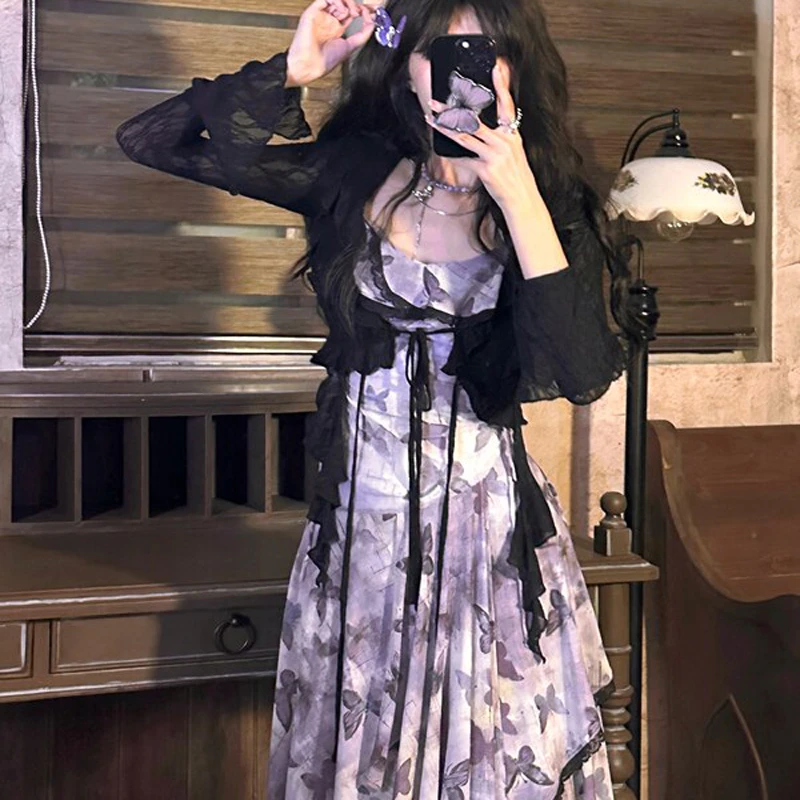

Elegant Vintage Butterfly Floral Irregular Mesh Camisole Dress+ Long Sleeve Lace Up Sun Protection Coat Two Piece Sets