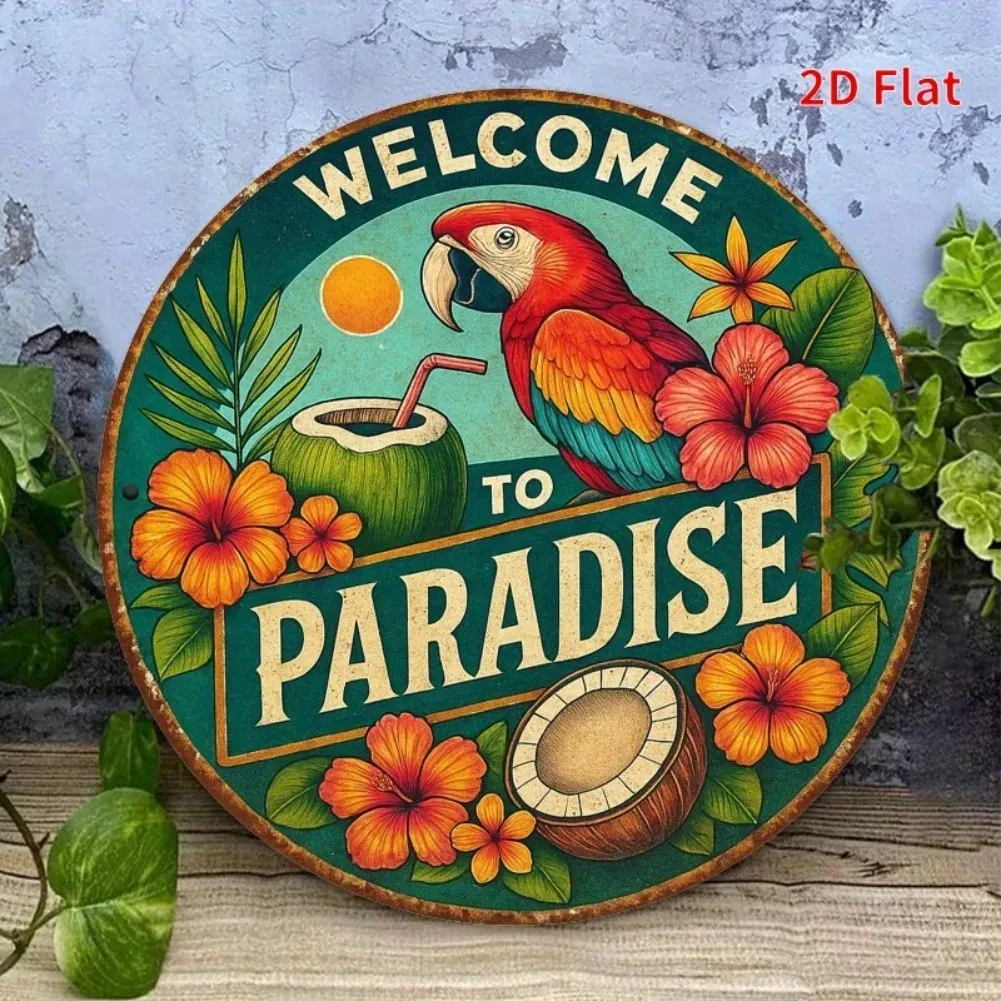 Welcome to Paradise Tropical Red Macaw Hibiscus Flowers Coco Metal Signs Home