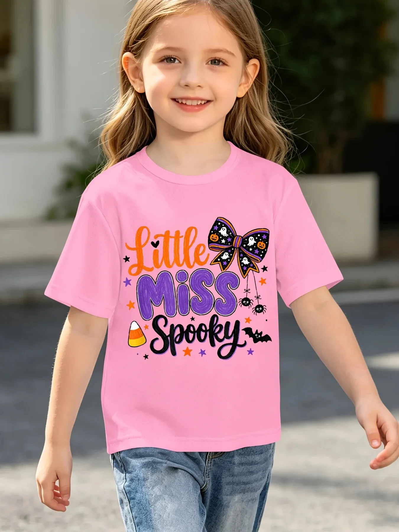 Summer Children Crew Neck Tshirt Little Miss Spooky Cute Halloween Elements Letter Graphic Print Short Sleeve Festival Top