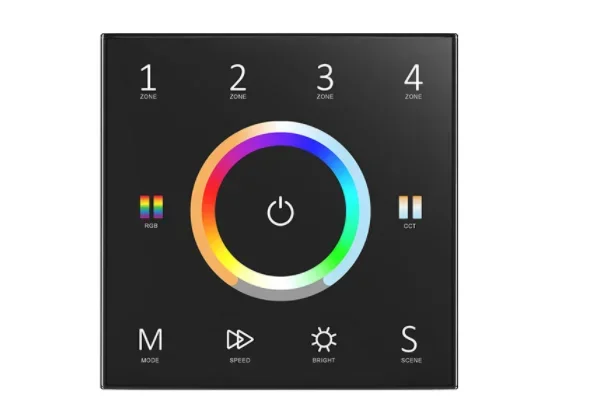 4 Zones Wall Touch Panel 5 IN 1 DMX Master Controller 110-220VAC 2.4G RF Glass Dimmer For Single Color/CCT/RGB/RGBW/RGB+CCT Tape