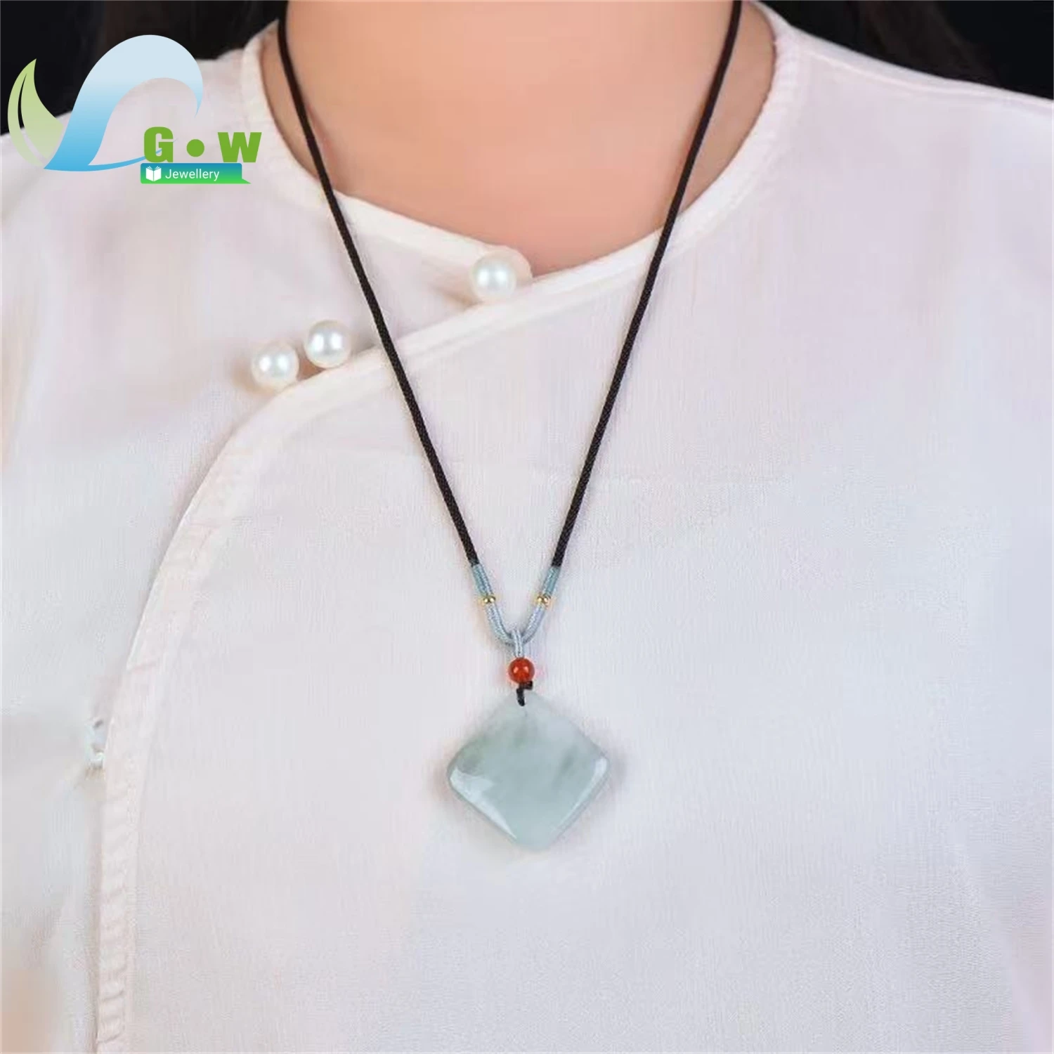 Natural Tianshan Jade Square Safety Pendant Peace Symbol Sweater Chain Unisex Exquisite Retro Ethnic Style Jewelry Gift