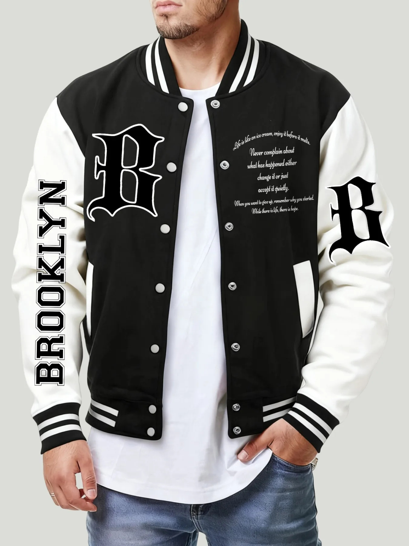 Brooklyn Art Letter B Print  Male Jacket All-Match Fleece Baseball Jersey Vintage Casual Clothes Autumn Mens Fashion Coat