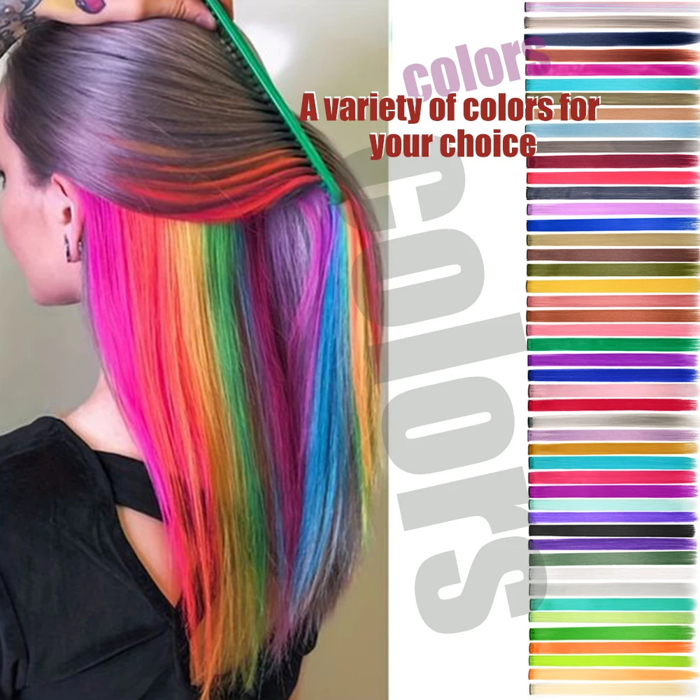 Colored Hair Extensions 8 Pcs/Pack Rainbow Hairpieces 22 inch Multi-colors Party Highlights Clip in Synthetic Hair Extensions