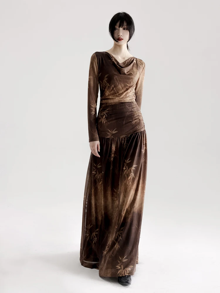

New Chinese Sle Brown Bamboo Print Swing Dr A-Line Maxi Skirt V-Ne Long Sve Autumn Commute Polyester Blend Dr