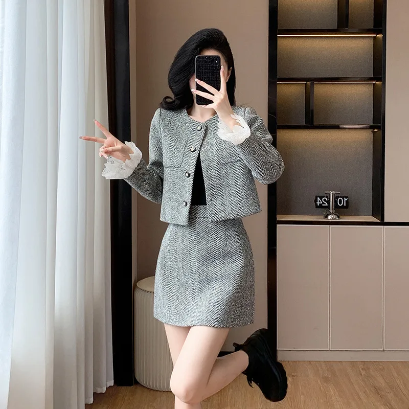 Grey coarse tweed 2-pcs set lace lace short jacket+skirt 2026 new autumn and winter small fragrance style set
