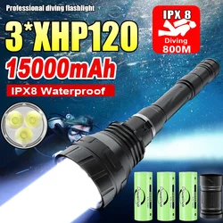 3*XHP120 Underwater Lantern IPX8 Diving flashlight 15000mAh Professional Scuba Diving Torch High Power Diving Waterproof Lamp