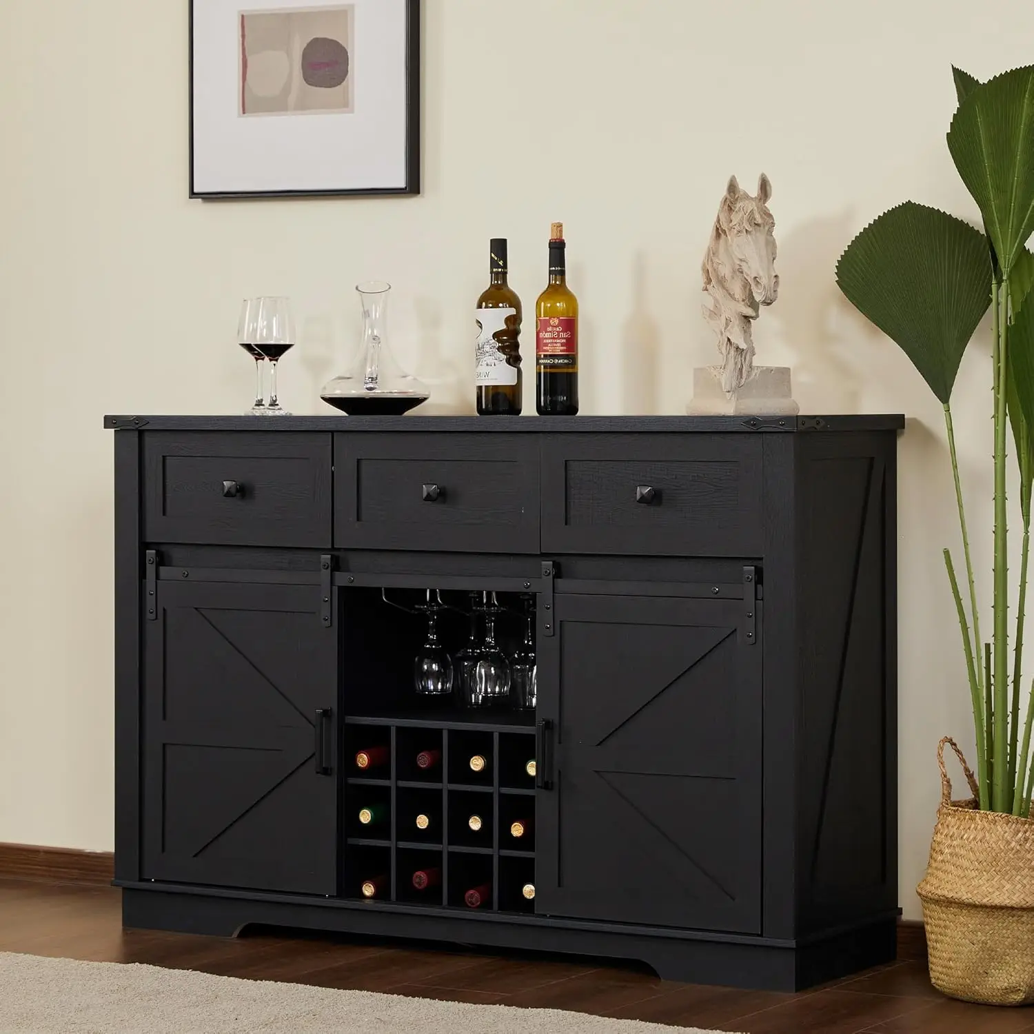 Real Relax Aparador Wine Cabinet, Farmhouse Buffet Cabinet com prateleiras de armazenamento, gavetas, deslizante porta de celeiro, Coffee Bar