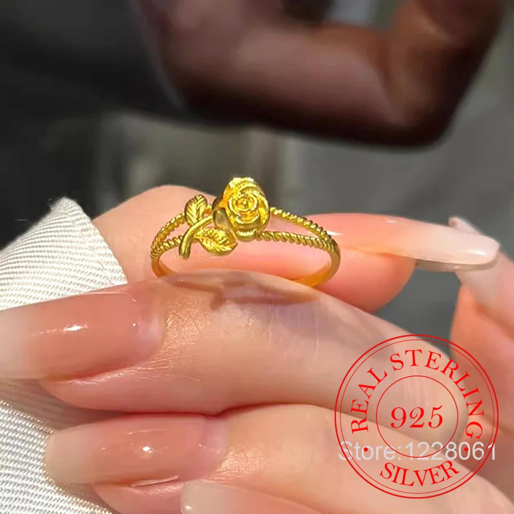 

925 Sterling Silver Jewelry 18K Gold Plated Rose Flower Finger Rings for Women Wedding Party Jewelry For Girls Friend Gift