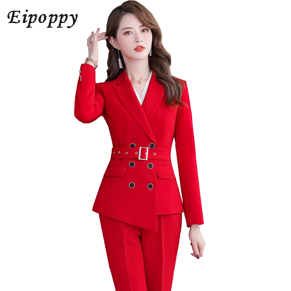 Asymmetric Size S-5XL Women Pant Suit With Belt Red White Black Two Pieces Set Triple Breasted Blazer With Trouser For Winter