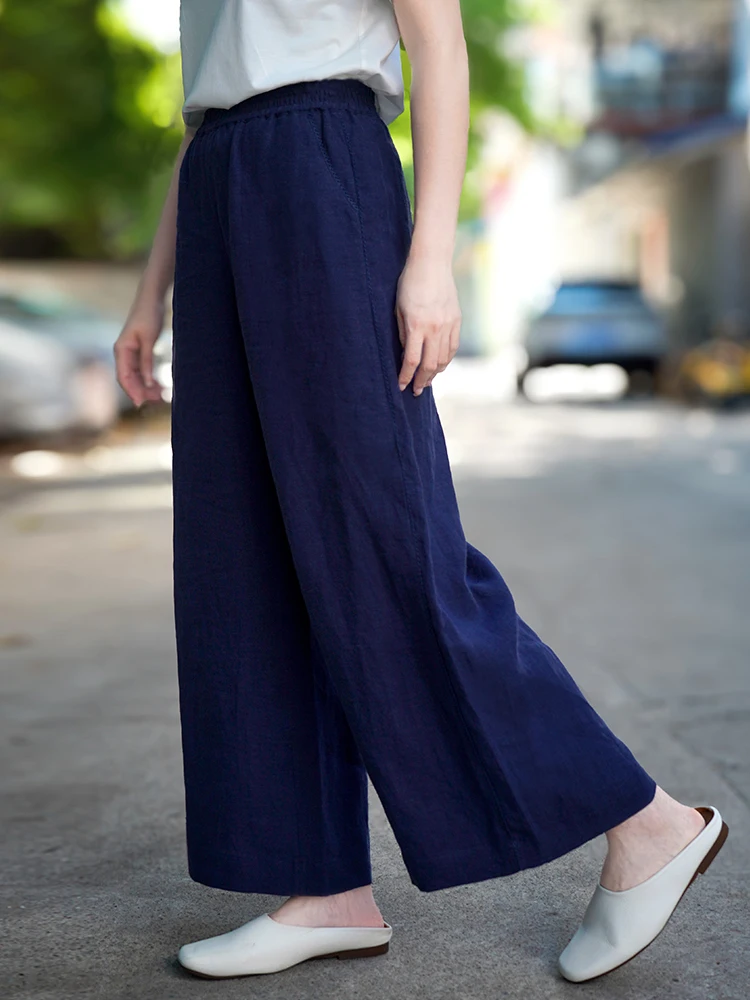 

Льняные повседневные брюки Deep Blue с высокой талией, широкими штанинами, эластичным поясом, прямого кроя, летние, модные, больших размеров, женские.