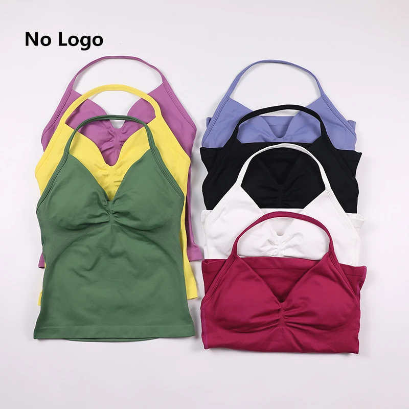 

Длинный топ без логотипа на бретелях, женская бесшовная майка для йоги со рюшами и открытой спиной, спортивная одежда, рубашка без рукавов со встроенным бюстгальтером