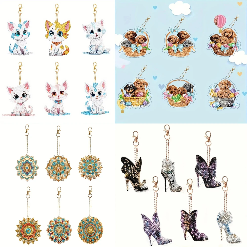 6Pcs/SetDIY Diamond Painting Keychain - Animal, Mandala Pattern, DIY Decoration, Diamond Kit Craft Supplies, Handmade Mosaic Pai