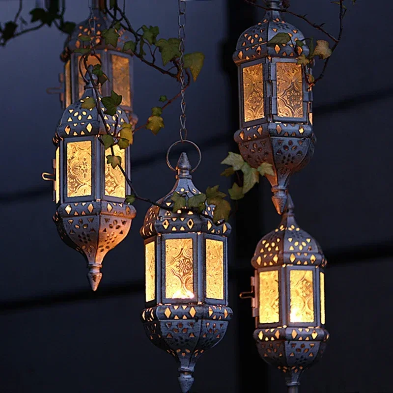 European Iron Hanging Candlesticks, Creative Morocco Candle Holders with Glass Ornaments for Wedding Home