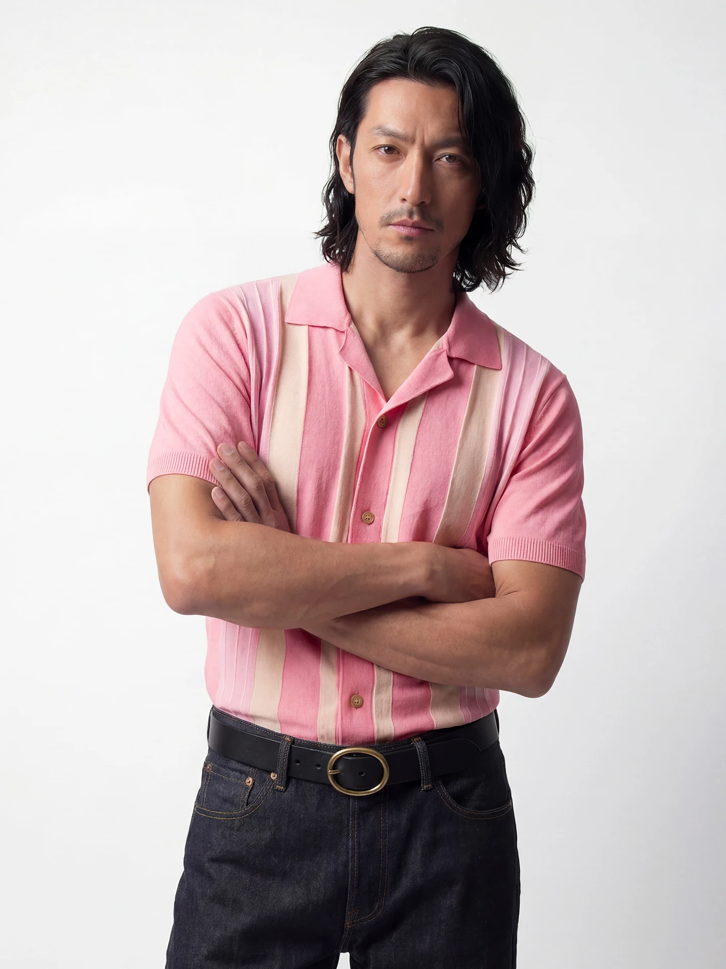 

SOARIN British Style Pink Stripe Knitted Cardigan Shirt Men's Casual Short Sleeve Cuban Collar Breathable Cotton Spring ...