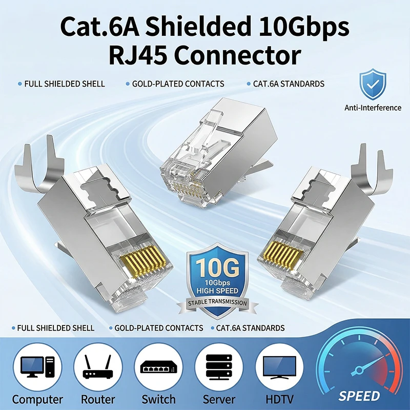10Pcs Cat.6A Shielded Pass-Through RJ45 Modular Plug, Gold-Plated Pure Copper Pins, 10Gbps, Compatible with Cat6 Cable