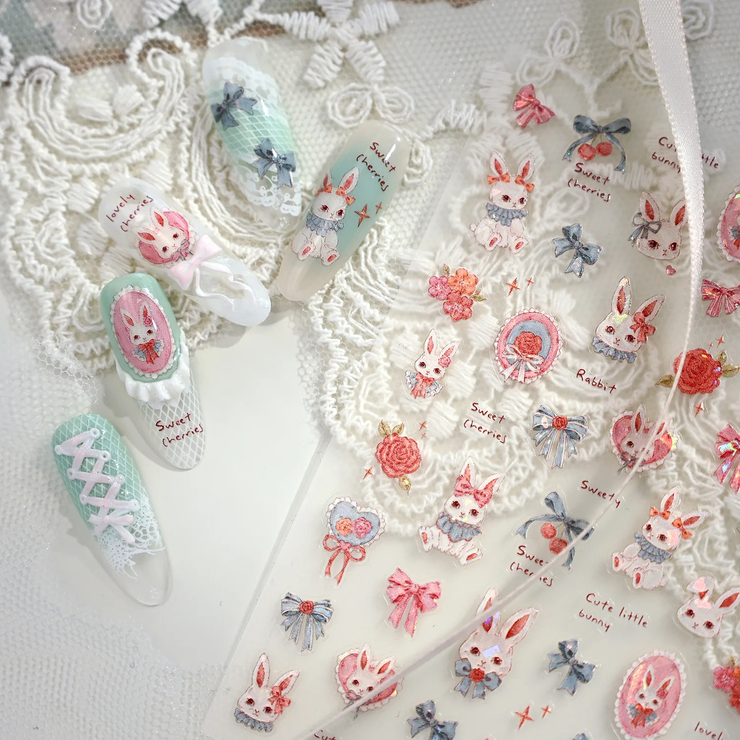 Lovely Rose Flowers Bowknot Lace Cherry Rabbit Shiny 5D Embossed Self Adhesive Nail Art Stickers Cute Bunny 3D Manicure Decals