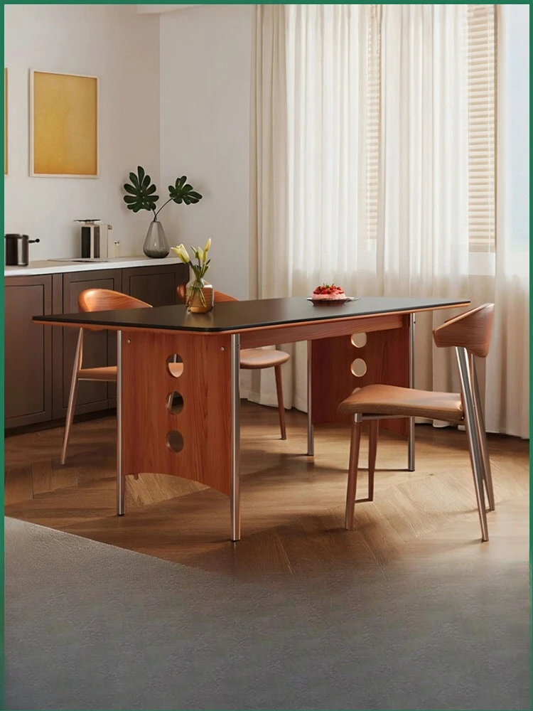 

Bauhaus dining table Small household medieval solid wood long table Simple Delifeng rock slab dining table