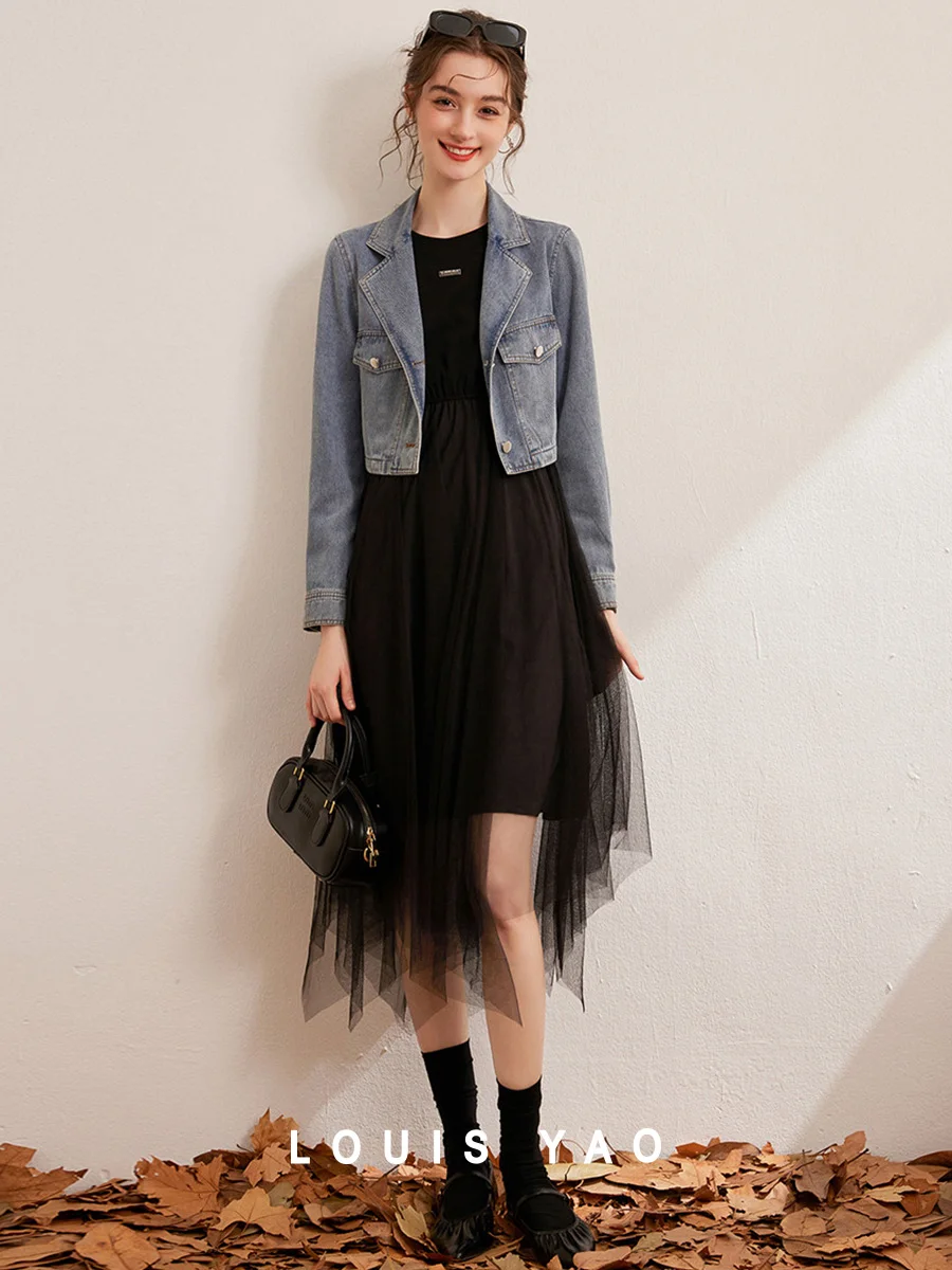 

LOUIS YAO 2025 Retro Design Two Piece Set Spring and Autumn Collar Cowboy Coat Irregular Mesh Skirt Women's Set