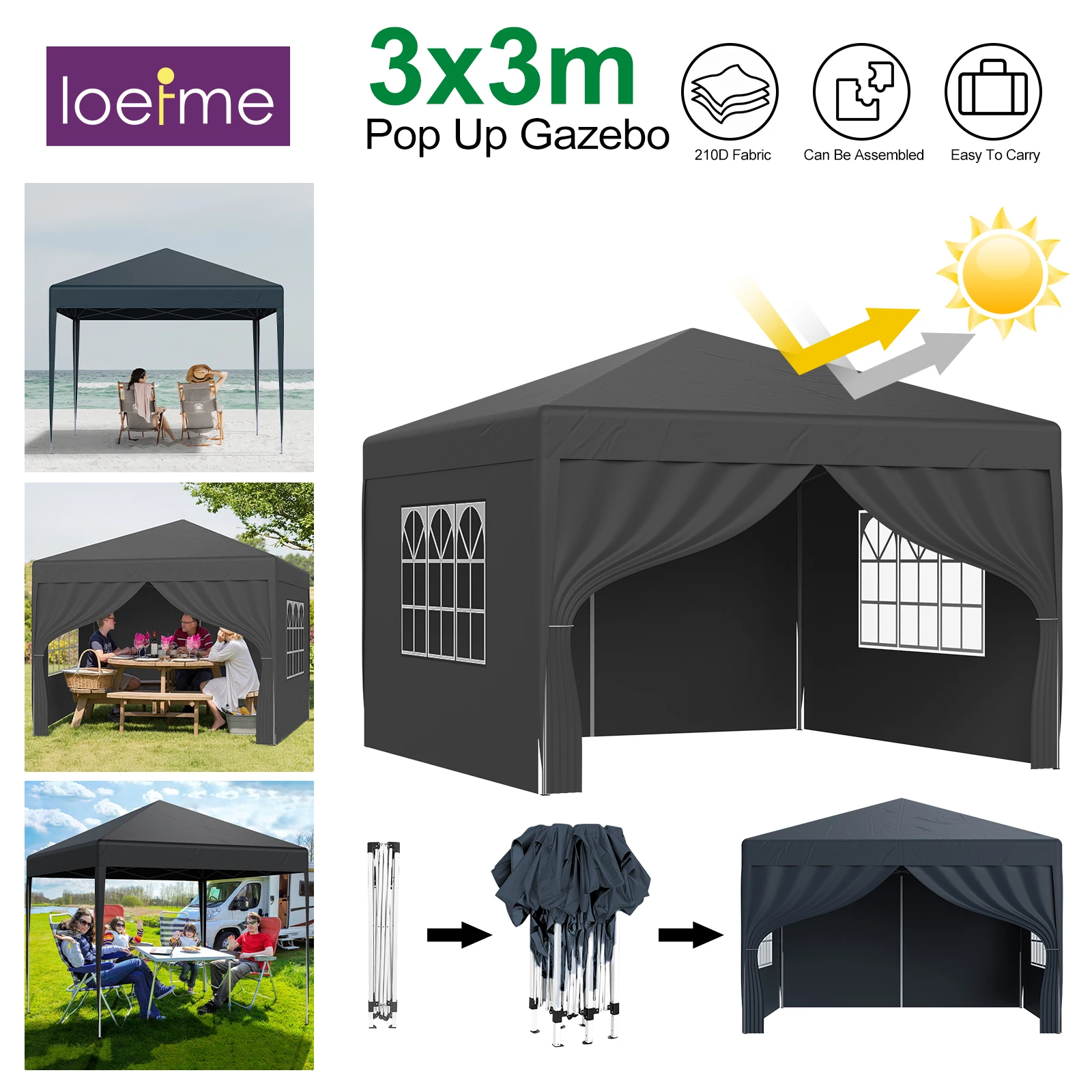 Carpa plegable LOEFME de 3x3 m, carpa de exterior para fiestas con ventanas, impermeable, con protección UV, carpa portátil.