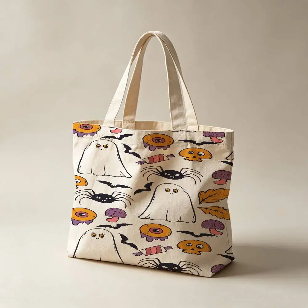 Halloween Pumpkin Ghost Waterproof Lining Canvas Tote Bag Large Capacity Reusable Shopping Bags Casual Student Daily Handbag