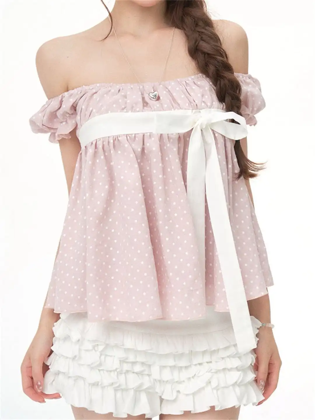 Women Polka Dot Puff Sleeve Square Neck Babydoll Top Detachable Bow Sash Cute Kawaii Loose Summer Daily Casual Blouse