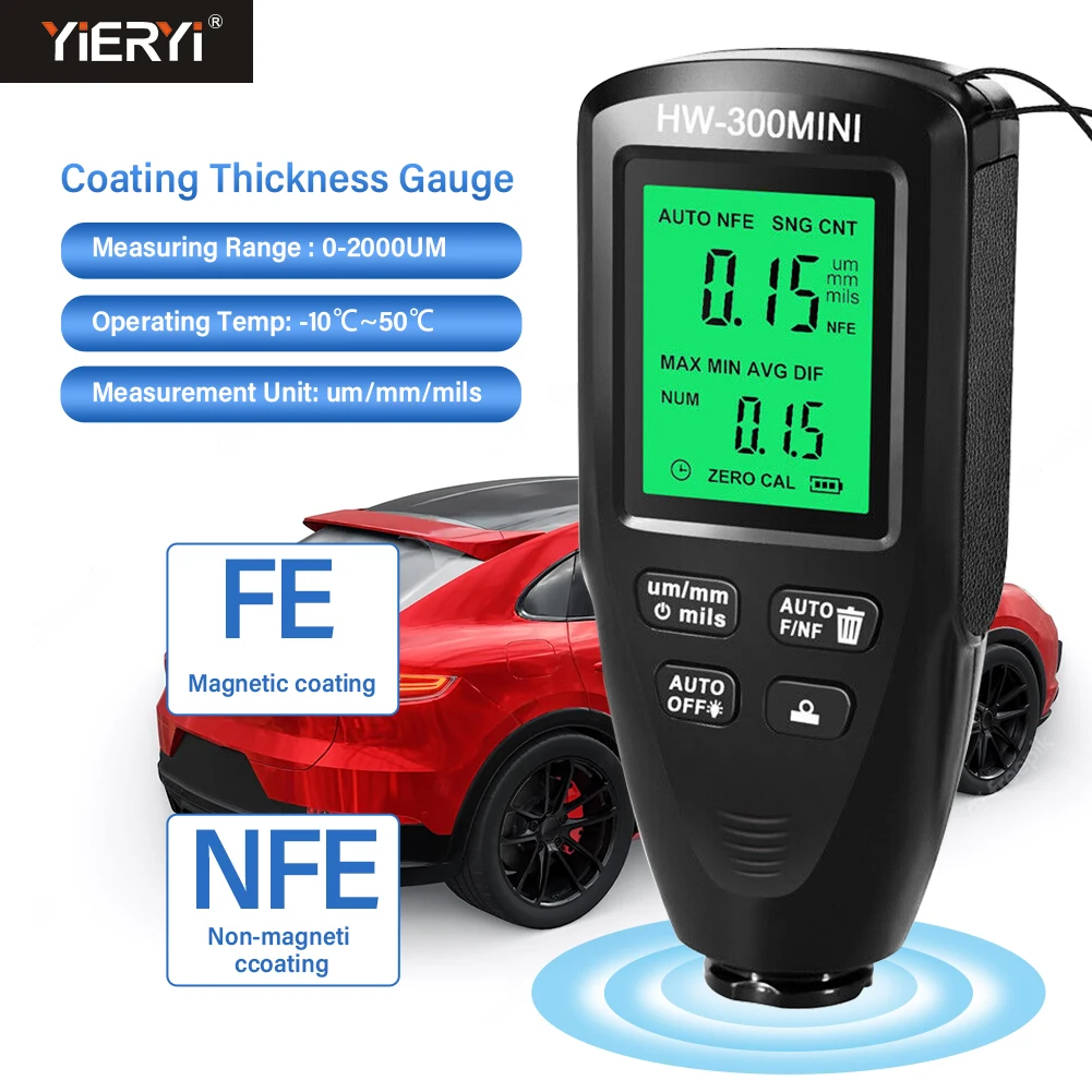 

Digital LCD Coating Thickness Gauge 0-2000UM Paint Film Meter FE/NFE Car Film Mini Thickness Tester Painting Industry Tool