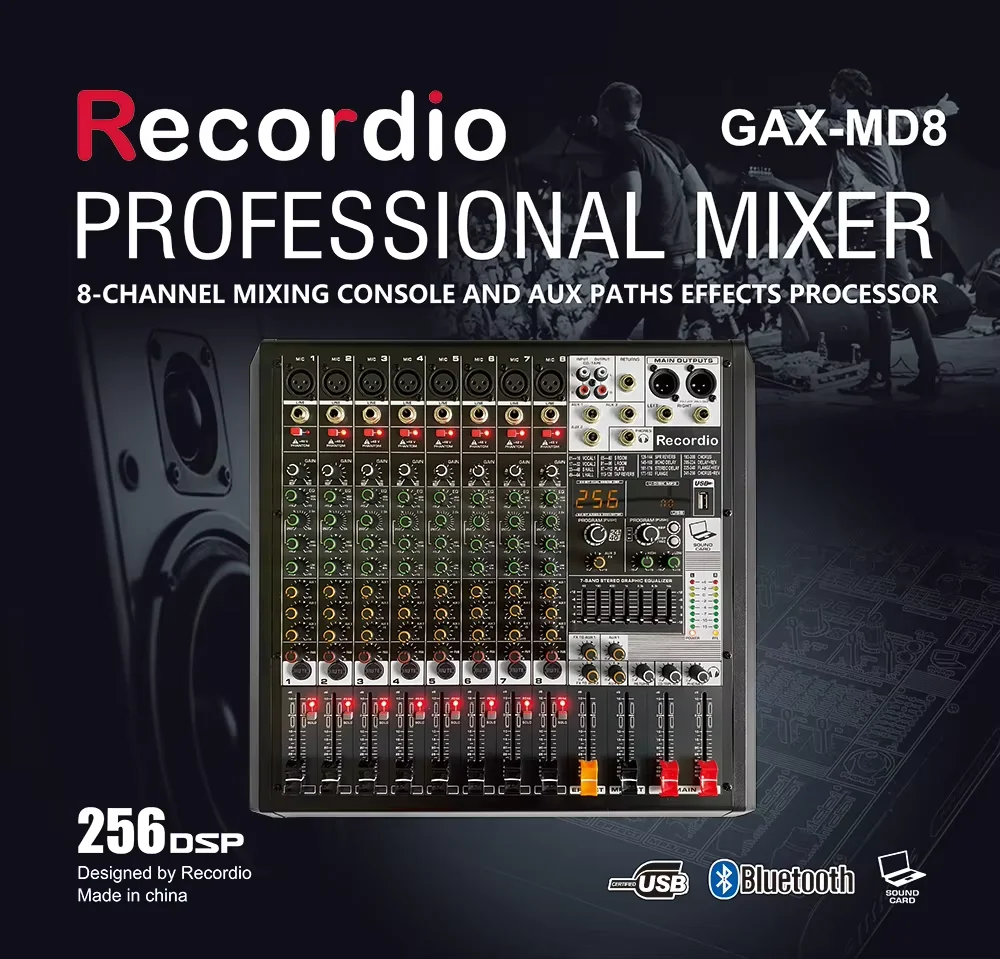 GAX-MD8 Pro 8 Channel DJ Controller with 256 DSP Reverb effect BT 5.0 USB audio sound cards & mixers recording condenser mic
