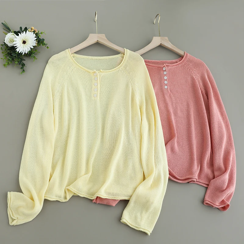 

Summer New Japanese Sweet Mori Girl Solid Color Knitted T-Shirts Women O-Neck Long Sleeve Casual Loose Sunscreen Pullover Shirts