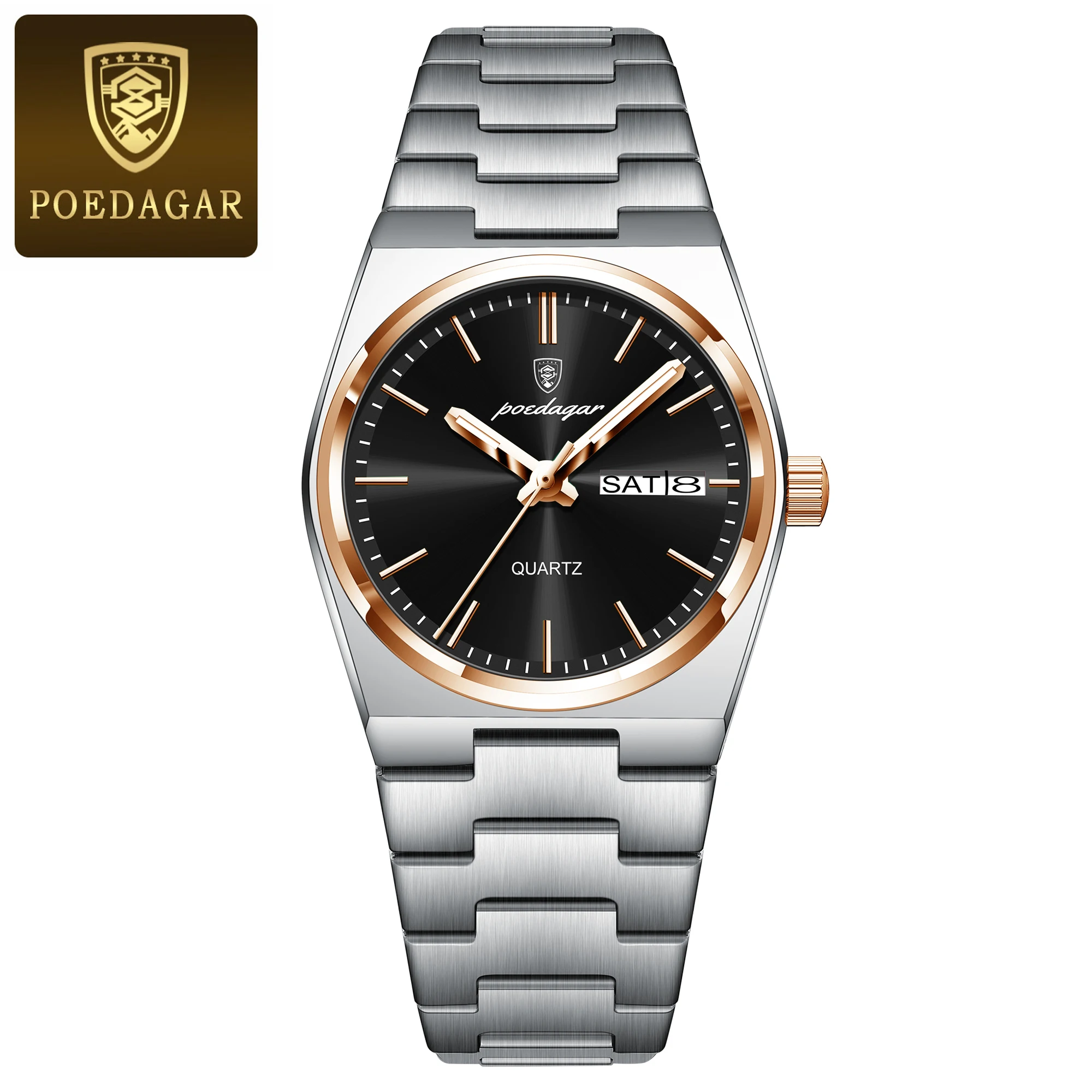 POEDAGAR Elegante Uhren Für Frauen Wasserdicht Leucht Datum Woche Damen Uhr Quarz Edelstahl Frau Mode Armbanduhr