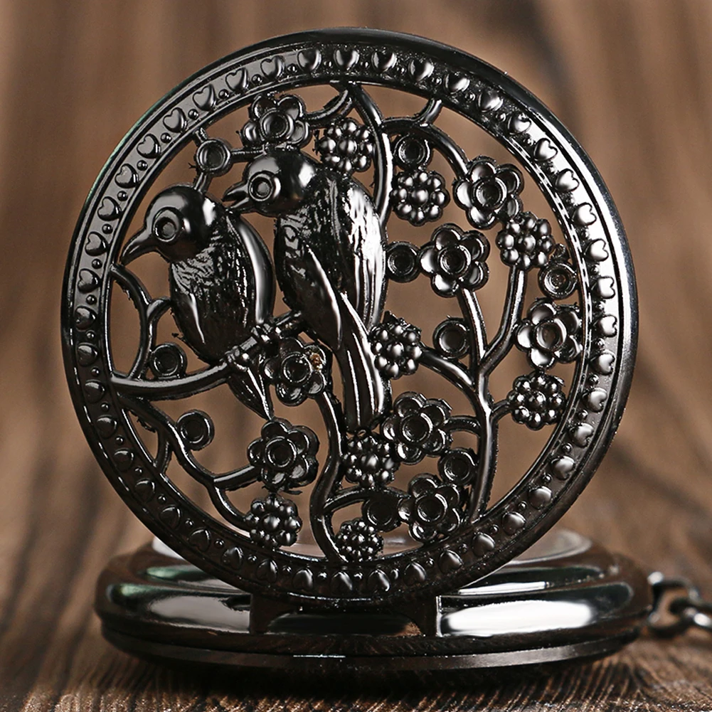 Vintage Retro Black Stainless Steel Case Love Bird Hollow Pocket Watch Mechanical Hand Wind Present for Men Women with Chain