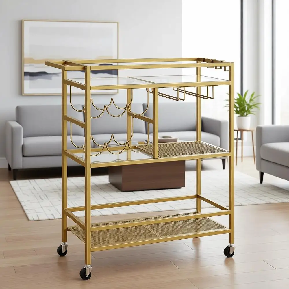 

Трехуровневая передвижная сервировочная тележка с подставкой для вина и держателями для бокалов для дома, столовой, кухни - золотистая