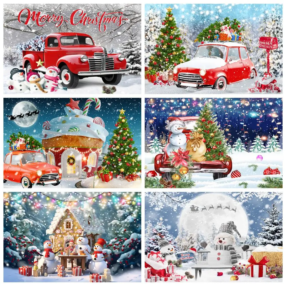 

Christmas Background Winter Snow Outdoor Forest Snowman Xmas Tree Gifts Car Kids Photo Photography Backdrop Photostudio Supplies