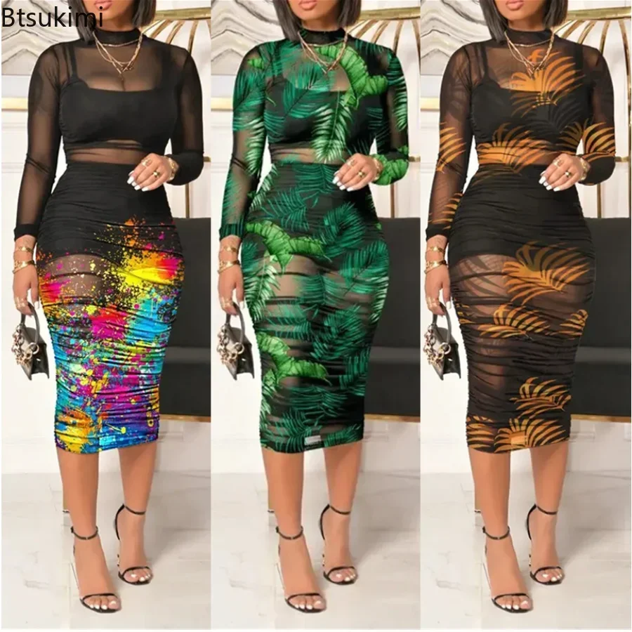 2024 Primavera Estate Donna 3 pezzi Crop Top e pantaloncini Set motivo floreale tropicale Sheer Mesh Bodycon Dress Sexy Lady 3 pezzi Dress Set