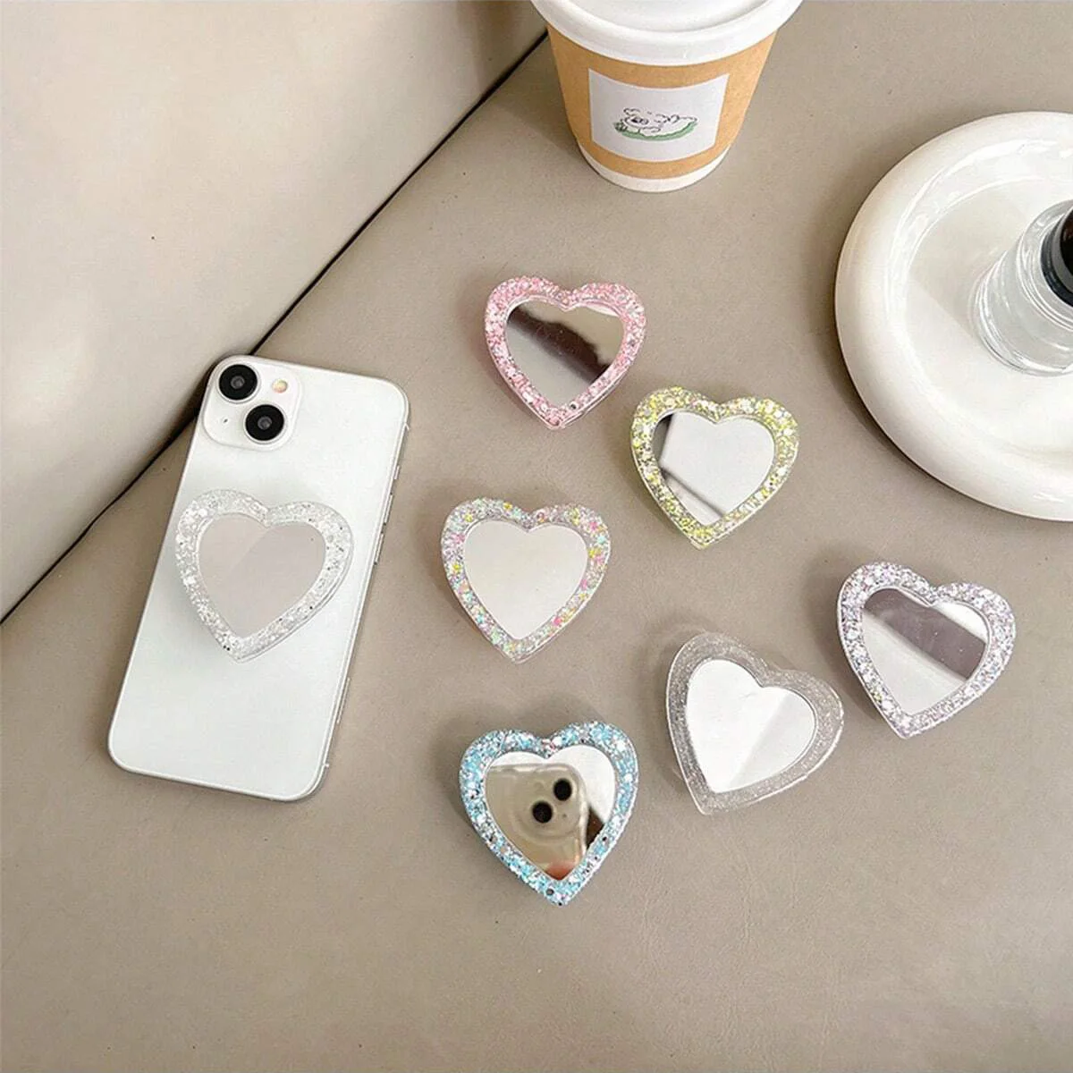 Heart-Shaped Mobile Phone Magnetic Airbag Holder Glitter Sequin Heart-Shaped Portable Makeup Mirror Magnetic Desktop Holder