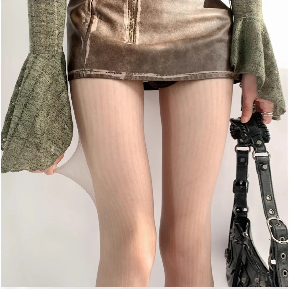 Women Thin Pantyhose Spring Autumn Invisible Dark Vertical Striped Jacquard Tights Sexy Purple Tone Slim Skin Care Stockings