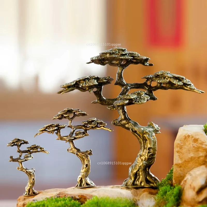 Mini Welcome Pine Miniature Figurine Copper Small Faux Tree Decor for Bonsai Tree Statues Miniature Landscape Decorations